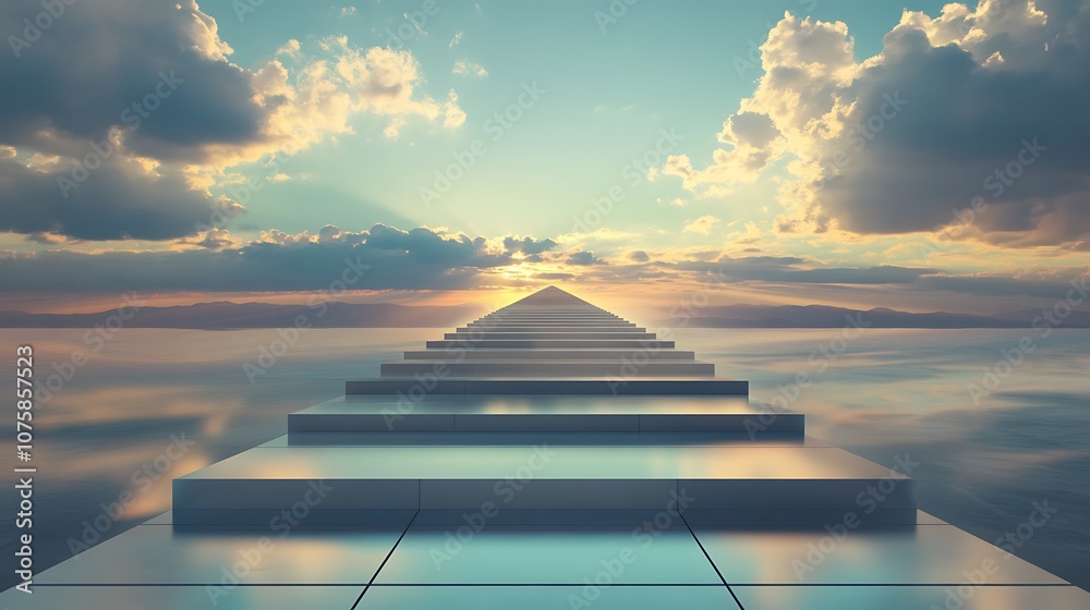 Poster a serene pathway of reflective steps leads toward a bright horizon, surrounded by clouds and calm wa