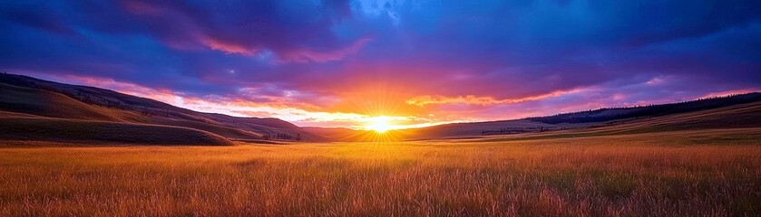 Fototapeta premium Breathtaking Sunset Over Golden Field with Colorful Sky Illuminated by Vibrant Hues of Orange, Pink, and Purple Casting a Serene Atmosphere at Dusk