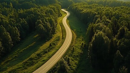 A winding road through a lush green forest, showcasing natural beauty and serene landscapes.