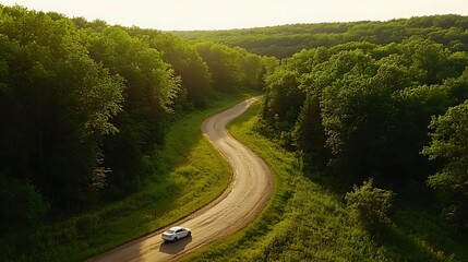 Fototapeta premium A winding road through lush green forests with a car driving along, showcasing a serene landscape.