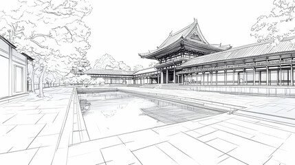 Traditional Japanese Architecture with Koi Pond, traditional architecture, wooden building, temple, pagoda, water feature