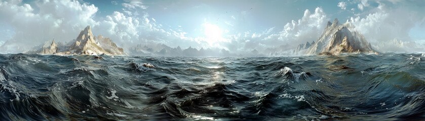 Fototapeta premium Majestic Ocean Landscape with Dramatic Clouds and Towering Mountains Under Bright Sunlight in a Vast Horizon View