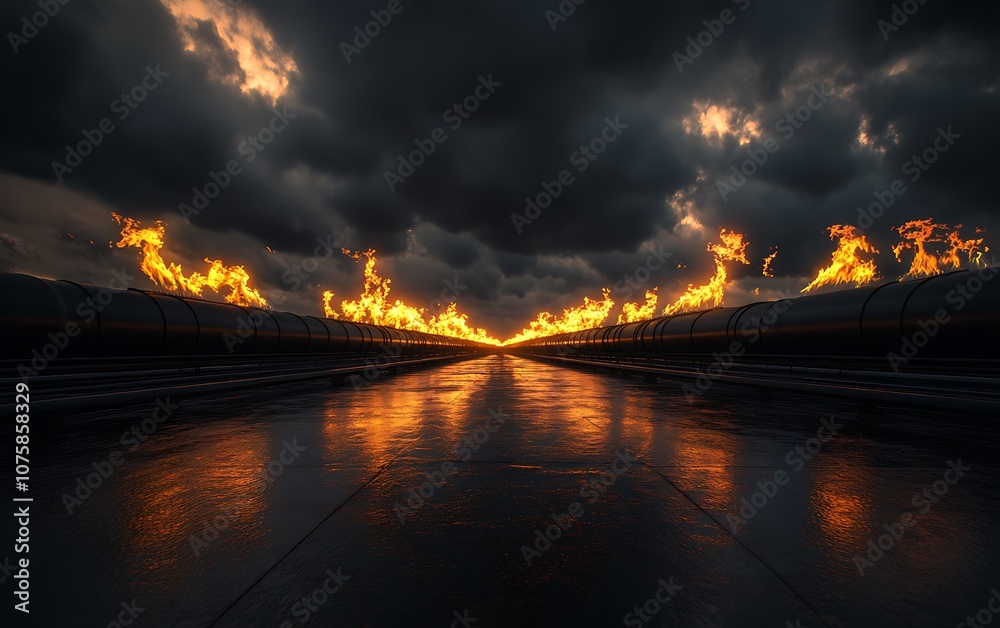 Poster a dramatic landscape featuring a path lined with flames under a dark, cloudy sky, reflecting a mesme
