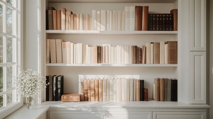Sunlit Cozy Elegant Home Library with Window and Books: Empty Room. Zoom Virtual Backgrounds, Cozy Interior Backdrops, Living Room Backgrounds for Virtual Meetings