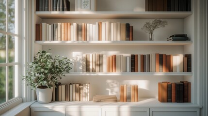 Sunlit Cozy Elegant Home Library with Window and Books: Empty Room. Zoom Virtual Backgrounds, Cozy Interior Backdrops, Living Room Backgrounds for Virtual Meetings