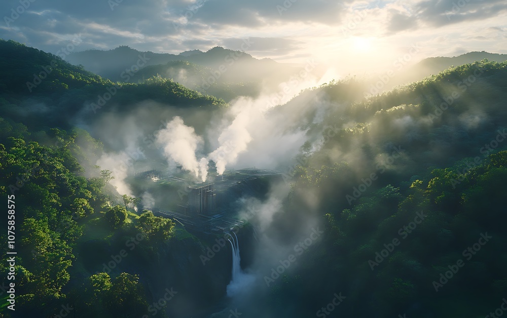 Poster a misty landscape featuring a waterfall surrounded by lush greenery and mountains, illuminated by so