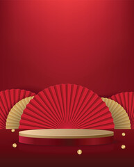 Red pedestal or podium with traditional lunar folding paper fans. Happy chinese new year festival minimal scene mockup product display. Concept of chinese style backdrop abstract background
