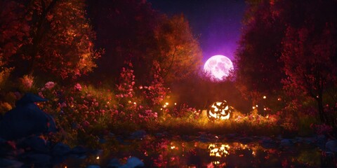 Obraz premium forest and cosmic pink moon