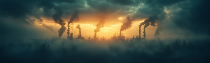 Fototapeta premium A moody landscape depicting industrial smokestacks against a darkened sky, emitting smoke with a dramatic sunset in the background.