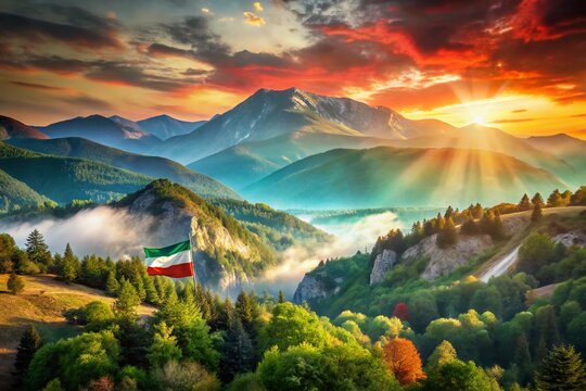Captivating Double Exposure Photography of Bulgaria's National Landscape Blending with the Flag Colors in a Creative Rectangle Button Design