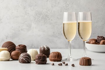 A couple of glasses of champagne are on a table with a variety of chocolate candies. Valentine's Day