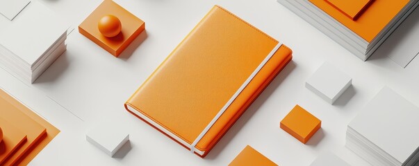 A vibrant orange notebook is surrounded by geometric shapes in white and orange, creating a modern, artistic composition.