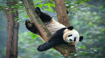 Obraz premium Giant Pandas Climbing Trees at the Chengdu Panda Breeding Center