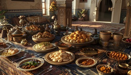 Fototapeta premium A lavish spread of traditional Moroccan food on a table with intricate patterns and antique silverware.