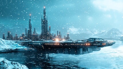 Futuristic Floating Arctic City with Thermal Reactors Providing Heat and Energy in Snowy Landscape