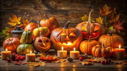 Fototapeta premium Captivating Halloween Pumpkins and Jack-O'-Lanterns on a Rustic Wooden Table Surrounded by Autumn Leaves and Spooky Decor for Festive Celebrations