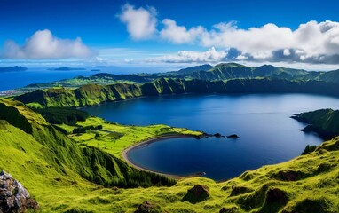 A breathtaking view of a lush green landscape surrounding a tranquil blue lake and ocean.