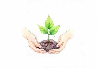 Hands gently holding soil with small green plant