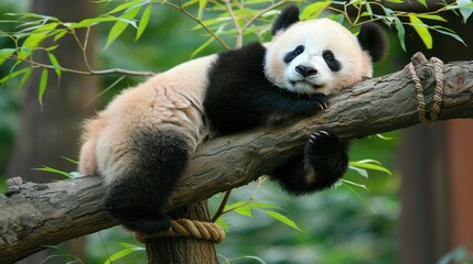 Obraz premium Giant Pandas Climbing Trees at the Chengdu Panda Breeding Center