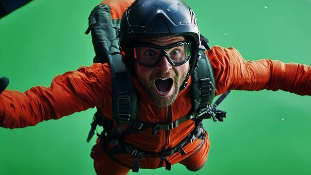 Fearless stuntman in an orange jumpsuit screams while simulating skydiving in a studio with a green screen background, capturing the thrill and danger
