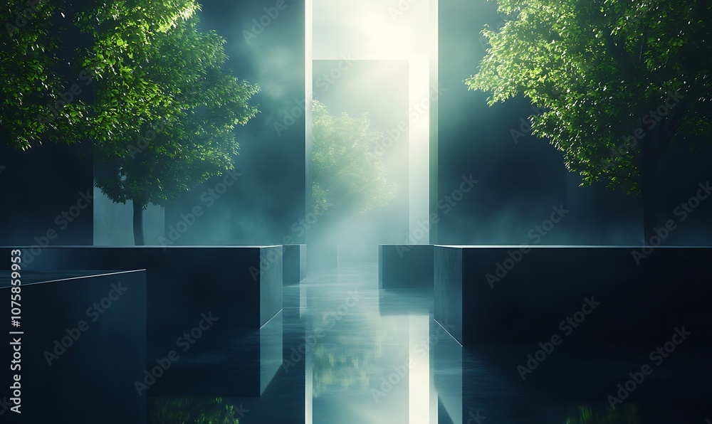 Poster a serene, misty landscape featuring trees, reflective surfaces, and vertical structures, creating a 