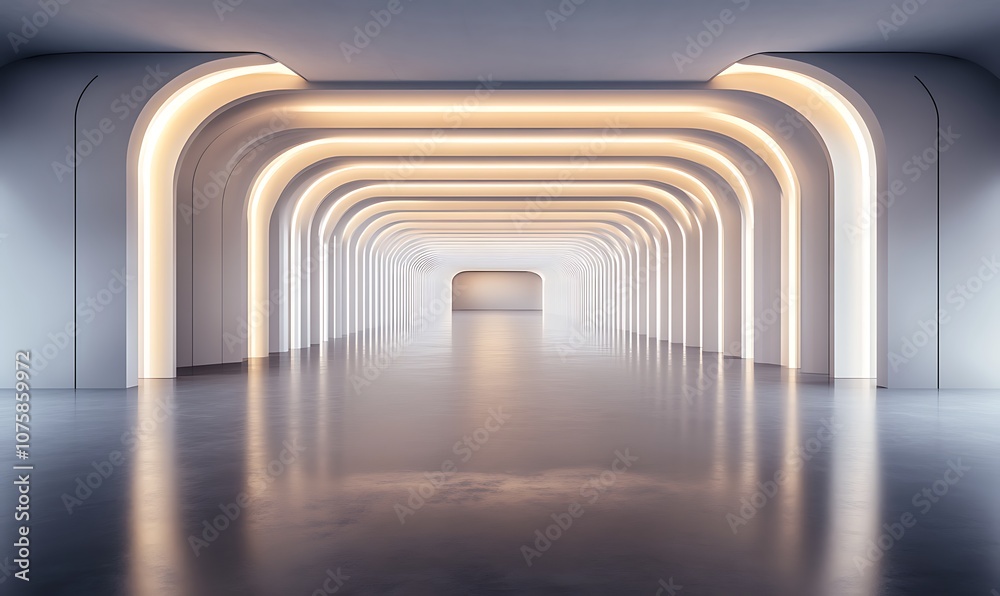 Poster a sleek, modern hallway with illuminated arched ceilings and a reflective floor, creating a serene a