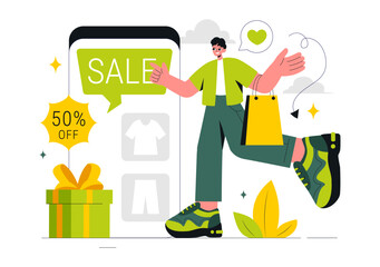 Green Monday Sale Vector Illustration featuring Shoppers Holding Shopping Bags to Highlight Discount Promotions in a Flat Style Cartoon Background