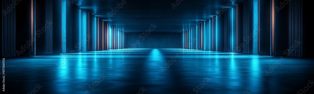 Fototapete A dark, futuristic space illuminated by blue lights, showcasing a reflective floor and vertical columns, creating a mysterious, high-tech atmosphere.