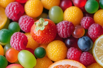 Fototapeta premium A close-up of a vibrant assortment of fresh fruits and colorful jelly candies.