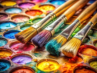 Obraz premium Captivating Macro Photography of Watercolor Brushes on a Palette, Showcasing Vivid Colors and Textures for Artistic Inspiration and Creative Projects