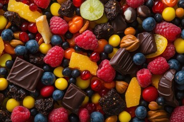 A colorful mix of chocolate, fruit and candy.