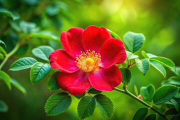 Close-up of a vibrant red wild rose against a lush green branch in wide-angle view