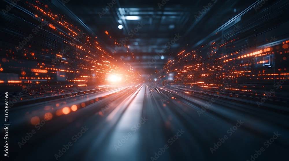 Poster a dynamic, futuristic scene showcasing bright lights and motion, resembling speed through a tunnel o