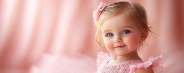 A cheerful toddler in a pink dress smiles adorably against a soft, pastel backdrop, exuding innocence and charm.