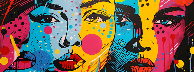 Vibrant street art featuring three stylized female faces, showcasing colorful patterns and dynamic expressions in a contemporary urban setting.