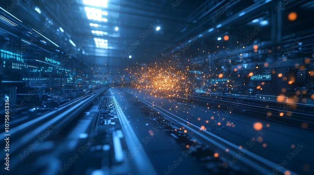 Poster a futuristic, dynamic scene depicting glowing particles and lines in a high-tech environment, sugges