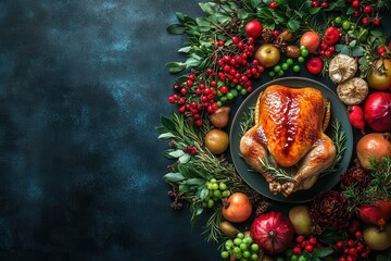 A beautifully arranged roasted turkey sits on a table surrounded by vibrant seasonal fruits and festive greens.