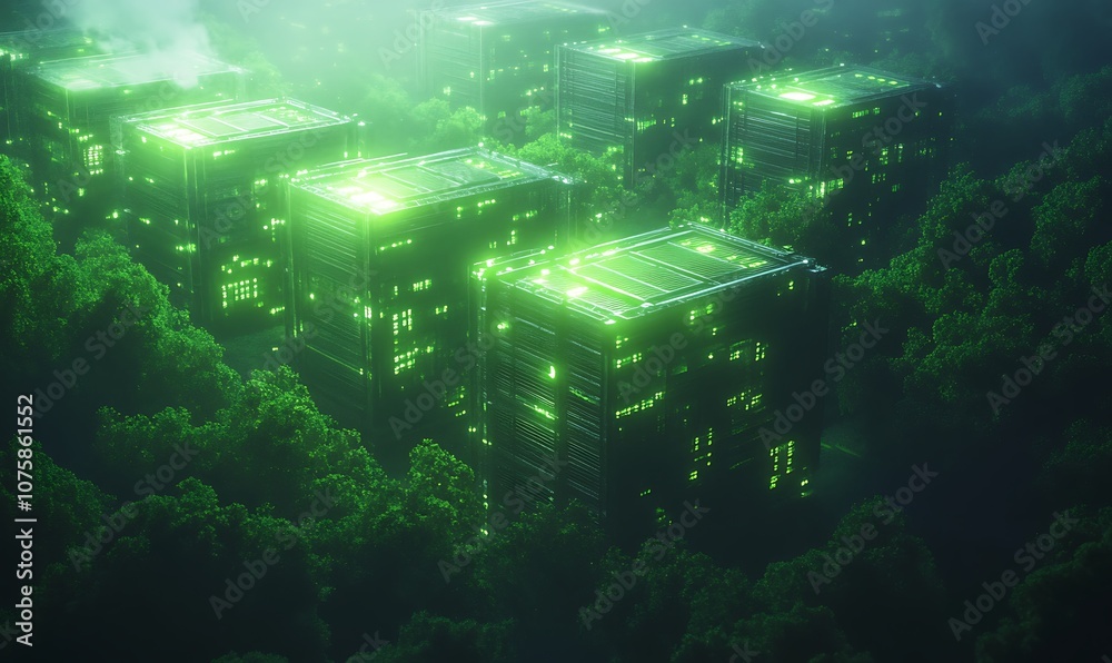 Poster Aerial view of futuristic green-lit structures blending with lush greenery, creating a mysterious atmosphere.