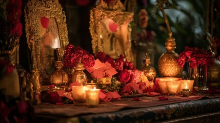 Obraz premium A beautifully decorated shrine altar covered with red envelopes,