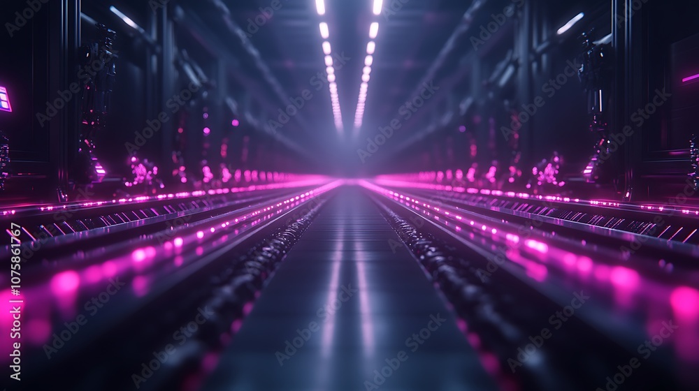 Poster a futuristic corridor illuminated by vibrant pink lights, creating a sleek and high-tech atmosphere.