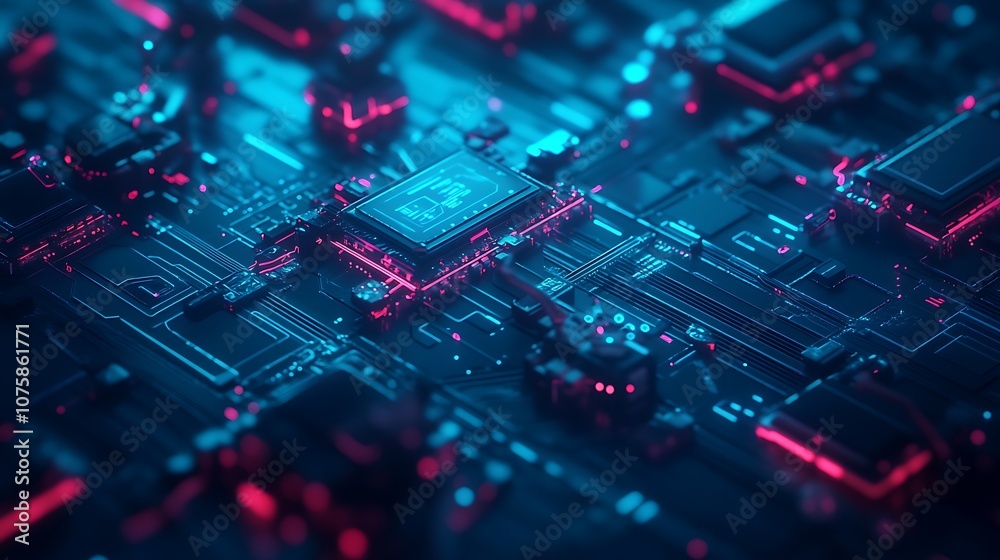 Aufkleber A close-up view of a circuit board, showcasing intricate chip designs illuminated by vibrant blue and red lights.