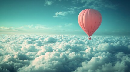 Obraz premium A single, red hot air balloon floats above a sea of fluffy clouds against a bright blue sky.