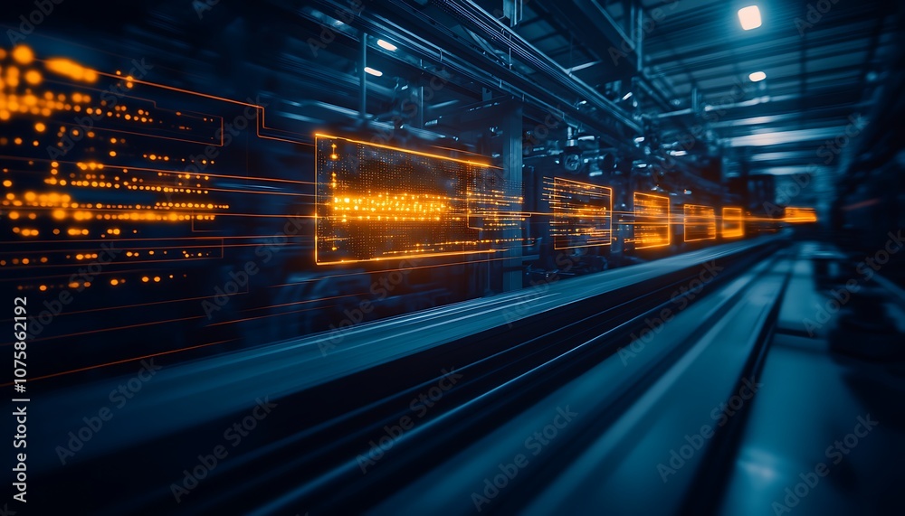 Poster a futuristic industrial setting with illuminated machinery and conveyor belts, showcasing advanced t