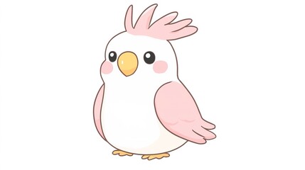 Fototapeta premium Cute kawaii-style cockatoo bird with colorful plumage, isolated on a white background, full-body illustration, looking directly at viewer with a friendly, cheerful expression.