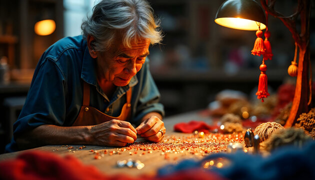 Focused elderly artisan meticulously designing jewelry, illuminated by warm light, showcasing dedication to craftsmanship in a cozy workshop.