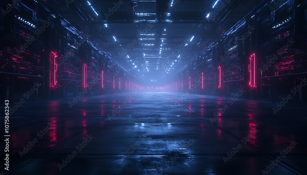Leinwandbilder A futuristic, illuminated corridor with vibrant blue and red lights reflecting on a wet floor, creating a sci-fi atmosphere.