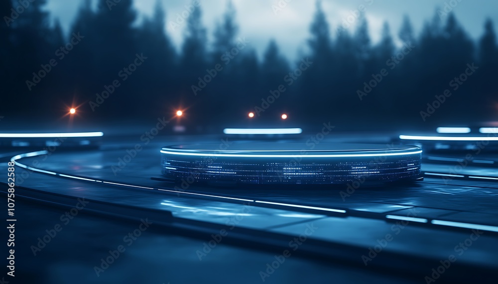 Leinwandbilder A futuristic, illuminated platform is surrounded by trees in a misty environment, creating a mysterious and high-tech atmosphere.