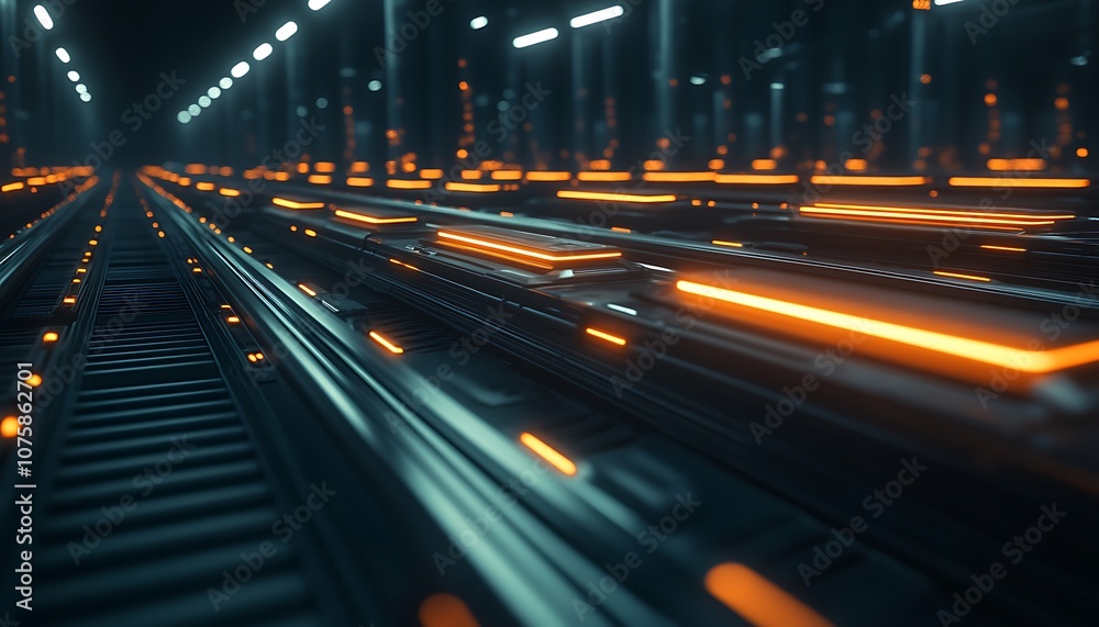 Poster a futuristic scene featuring glowing orange lines on metallic tracks, set in a dark environment, sug
