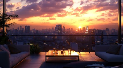 A serene sunset view from a modern living space overlooking a city skyline.