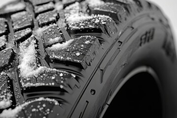 A close-up of a snow-covered tire showcases its intricate tread design, highlighting its suitability for winter driving conditions.
